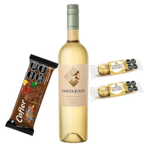 Vino Santa Julia Chenin dulce 750ml + Chocolate Cofler Rocklets 55grs + 2 Ferrero Rocher x3u c/u